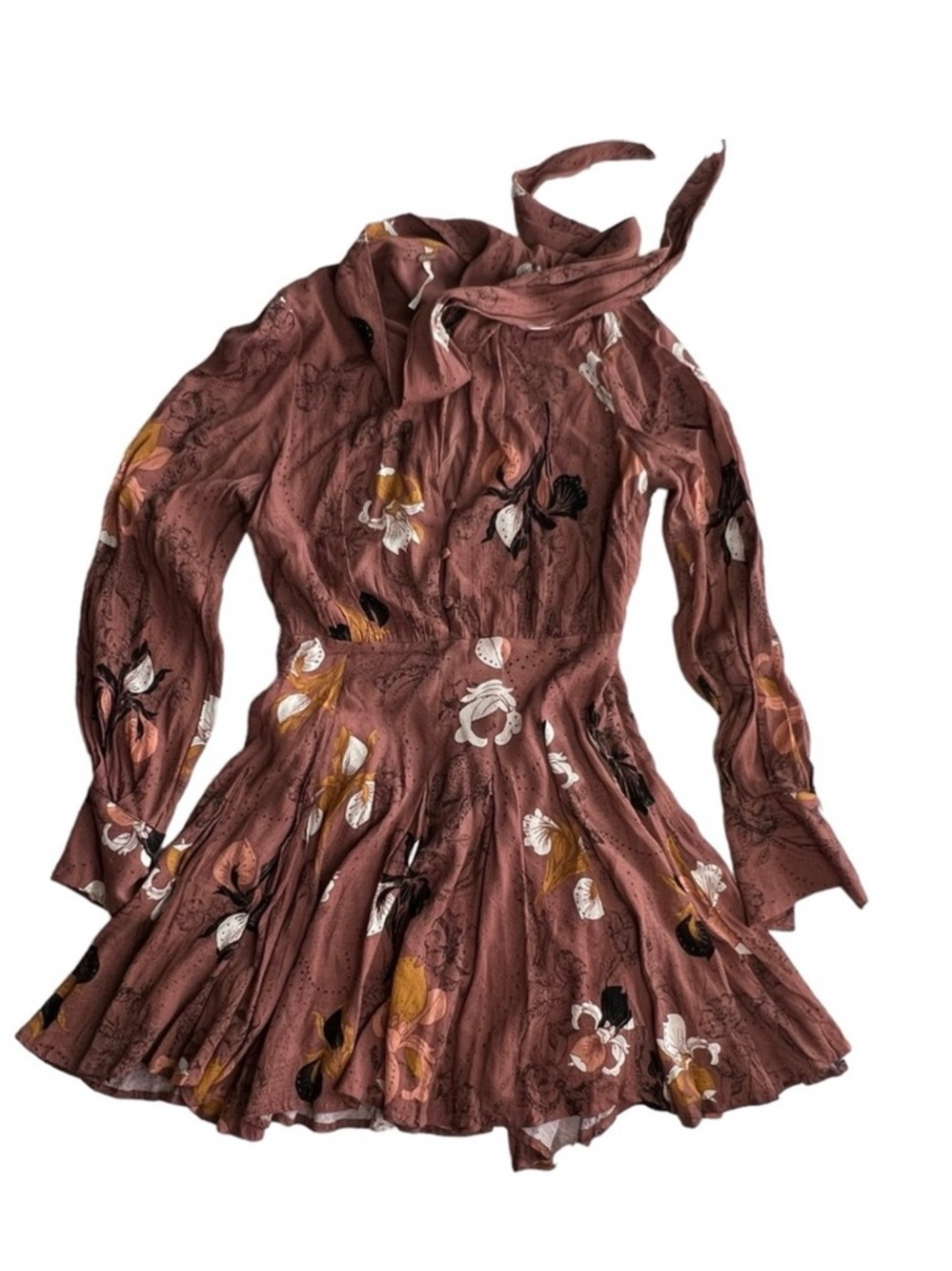 Free People Mauve Floral Long-Sleeve Tie-Neck Dress
